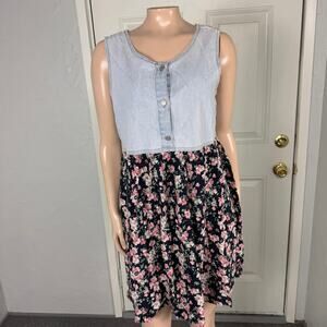 Vintage 90s Dress M New York Style Short Rayon Summer Floral Jean Denim RR10